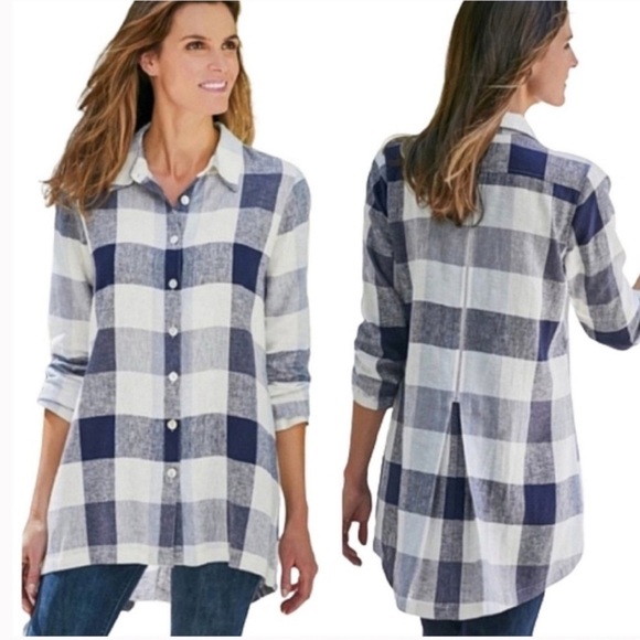 Soft Surroundings Tops - Soft Surroundings Carreaux Shirt Tunic Linen Blend Plaid 3/4 Sleeve Zip Back
